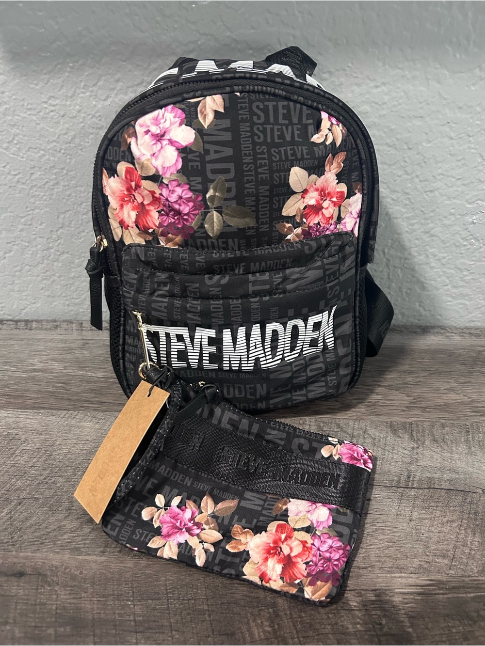 Steve Madden Black Floral Kids Mini Backpack and Card Wallet Set